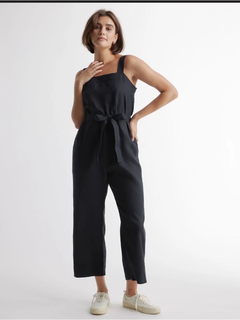 Quince Black Square-Neck Linen Jumpsuit with Tie Waist
